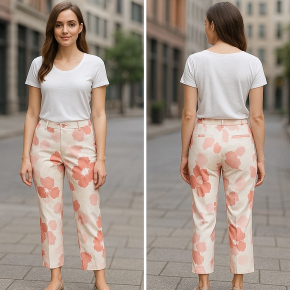 Ann Taylor Petites Wide Leg Cotton Ivory & Coral Floral  Print Cropped Pants 6P - Picture 1 of 8